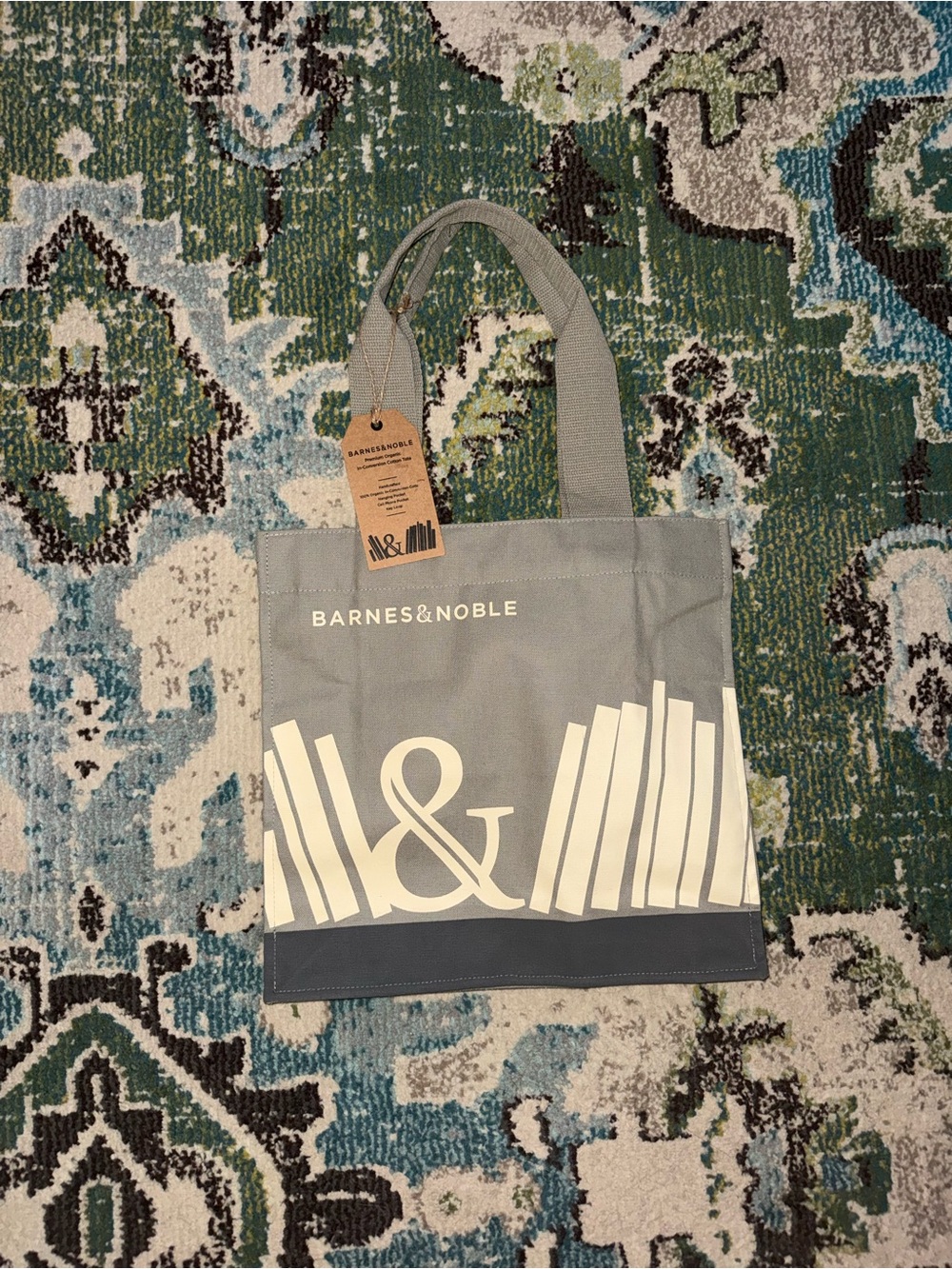 Barnes & Noble Gray Canvas Tote with White Book Graphic